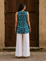 Blue & Beige Layered Block Print Cotton Short Kurti