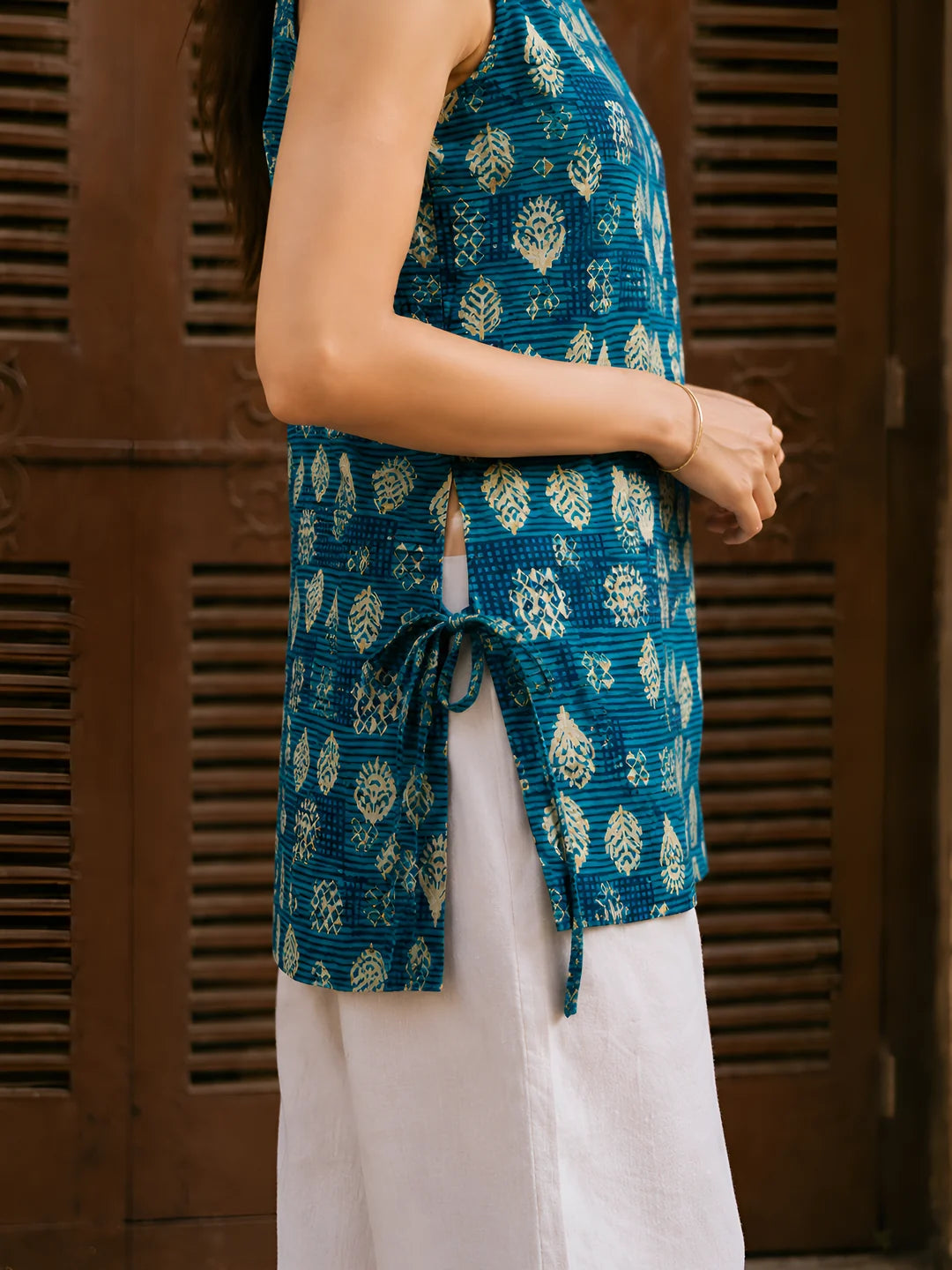 Blue & Beige Layered Block Print Cotton Short Kurti