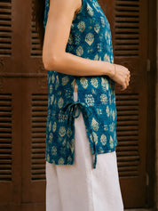 Blue & Beige Layered Block Print Cotton Short Kurti