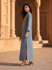 Dusty Blue Embroidered Linen Denim Maxi Dress