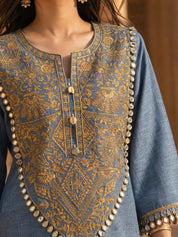 Dusty Blue Embroidered Linen Denim Maxi Dress