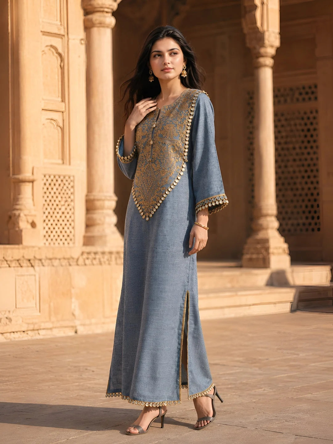 Dusty Blue Embroidered Linen Denim Maxi Dress