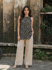 Black & Beige Botanical Block Print Cotton Short Kurti