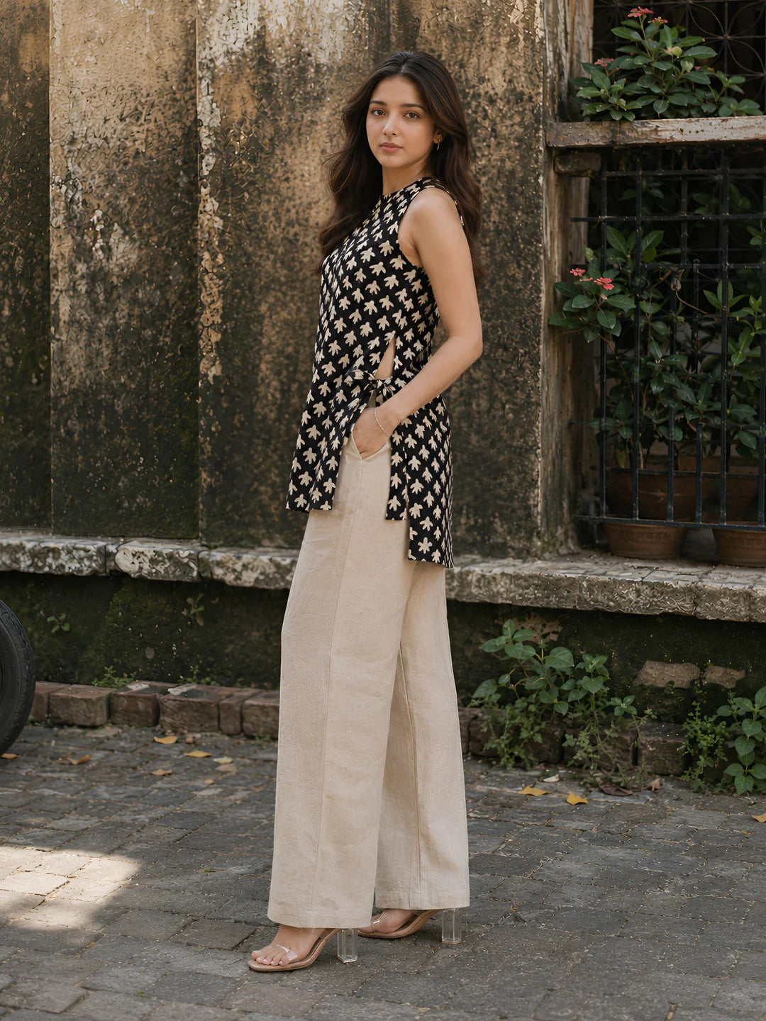 Black & Beige Botanical Block Print Cotton Short Kurti