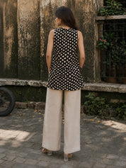 Black & Beige Botanical Block Print Cotton Short Kurti