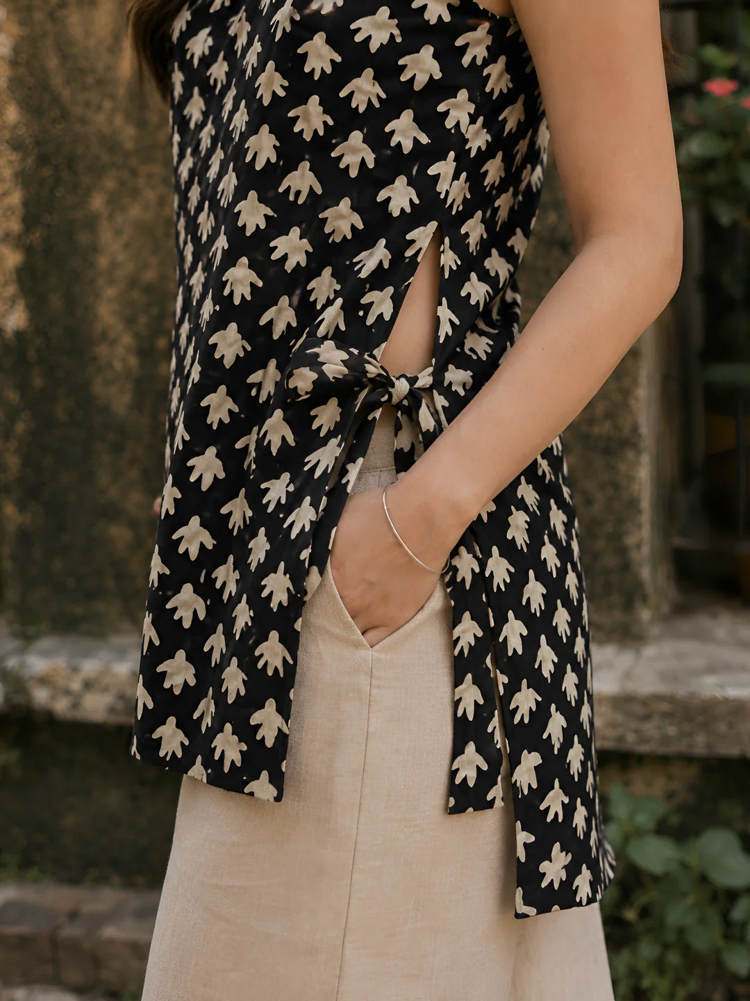 Black & Beige Botanical Block Print Cotton Short Kurti
