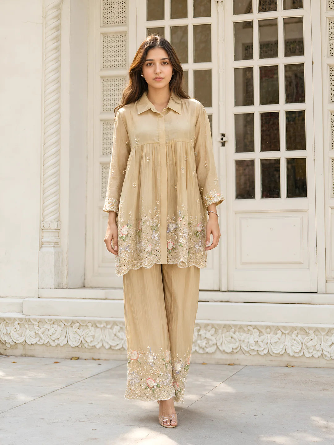 Beige Embroidered Co-ord Set in Chinnon
