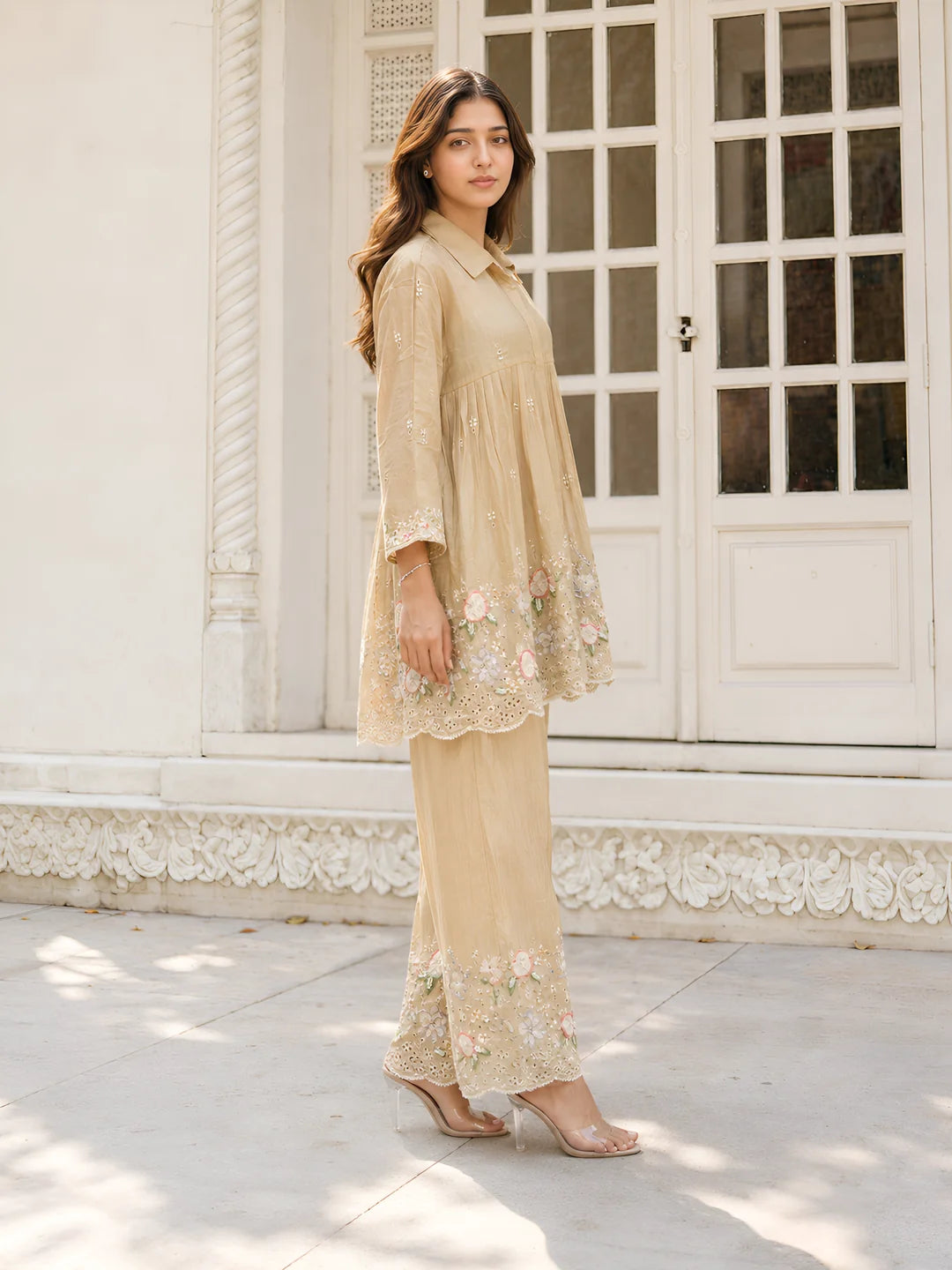 Beige Embroidered Co-ord Set in Chinnon