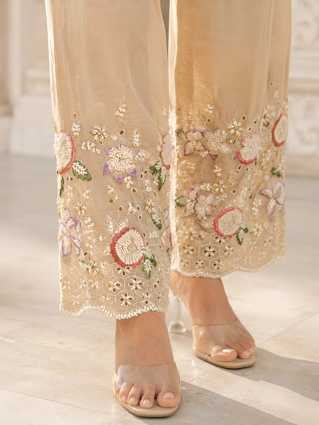 Beige Embroidered Co-ord Set in Chinnon