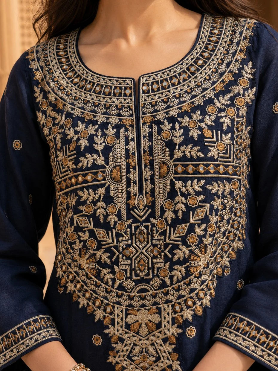 Dark Blue Embroidered Linen Denim Maxi Dress