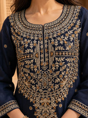 Dark Blue Embroidered Linen Denim Maxi Dress