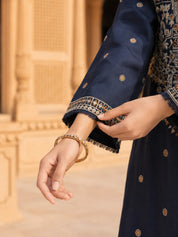 Dark Blue Embroidered Linen Denim Maxi Dress