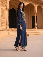Dark Blue Embroidered Linen Denim Maxi Dress