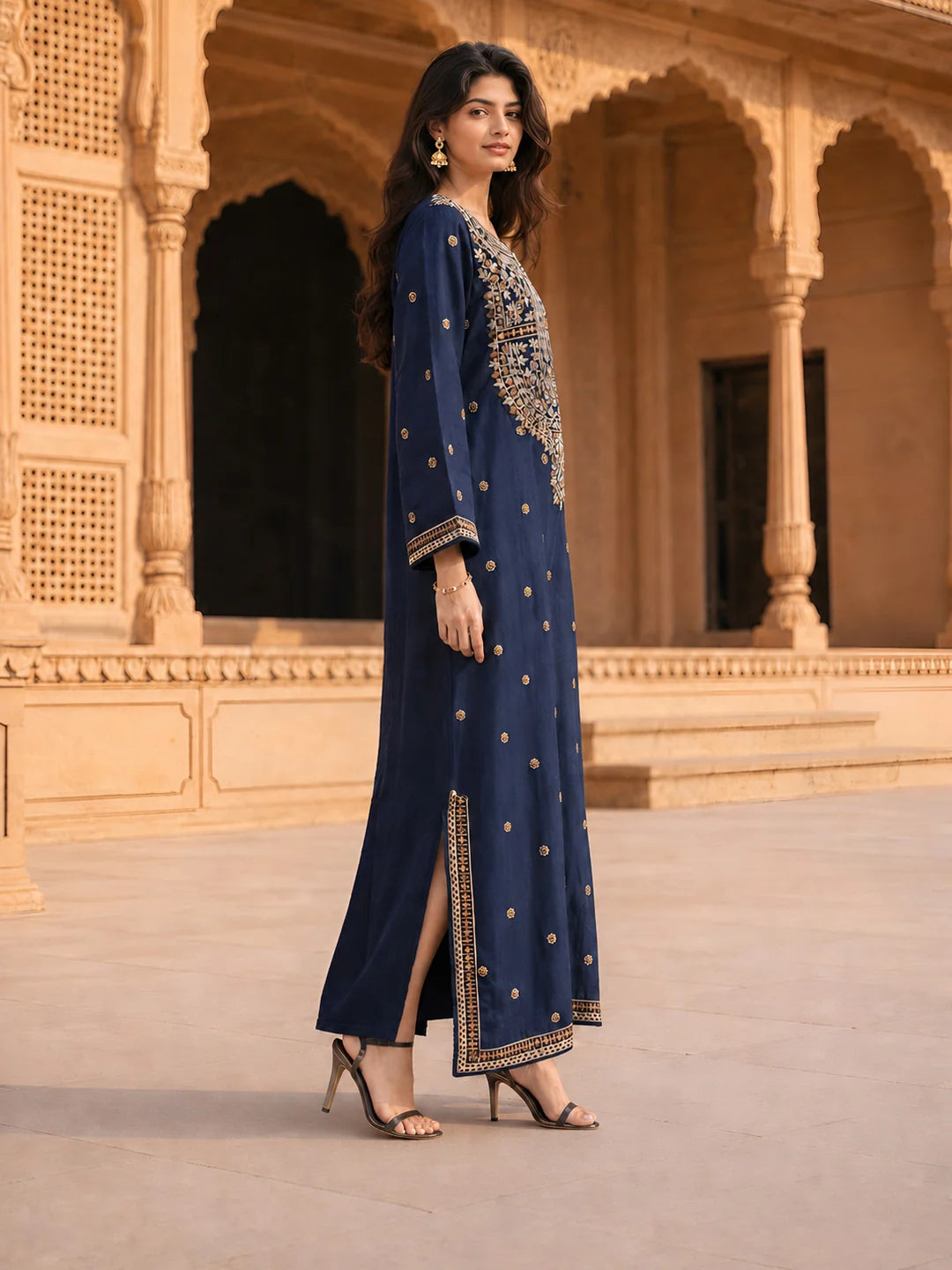 Shop Dark Blue Embroidered Linen Denim Maxi Dress