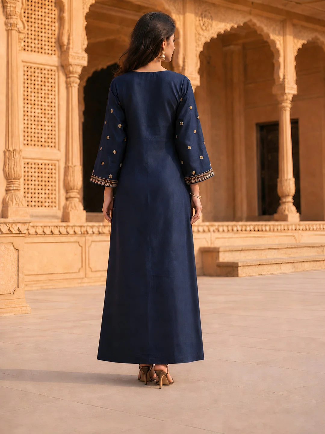Dark Blue Embroidered Linen Denim Maxi Dress