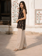 Black Floral Block Print Cotton Short Kurti