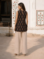 Black Floral Block Print Cotton Short Kurti