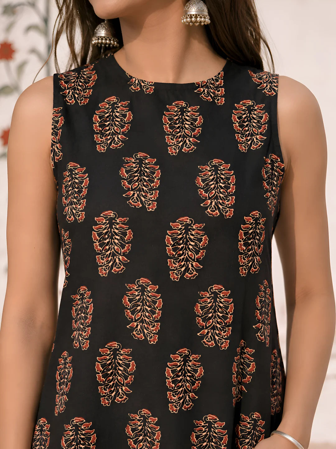 Black Floral Block Print Cotton Short Kurti