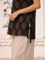 Black Floral Block Print Cotton Short Kurti