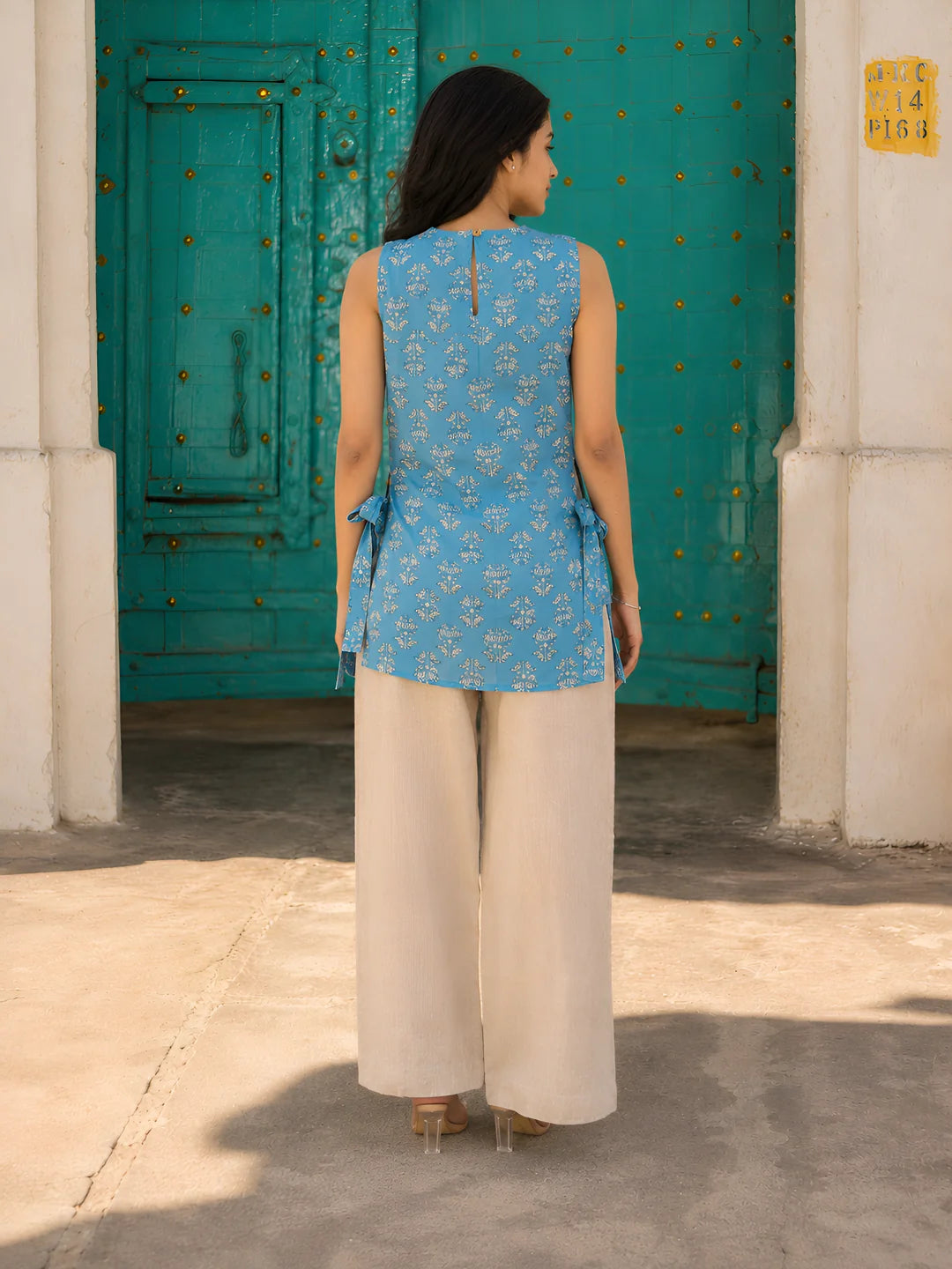 Sky Blue Floral Buti Cotton Short Kurti