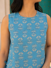 Sky Blue Floral Buti Cotton Short Kurti