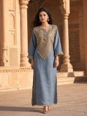 Dusty Blue Embroidered Linen Denim Maxi Dress
