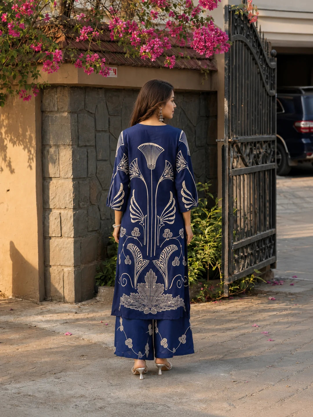 Navy Blue Botanical Beaded Co-ord Set in German Rayon