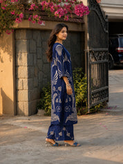 Navy Blue Botanical Beaded Co-ord Set in German Rayon
