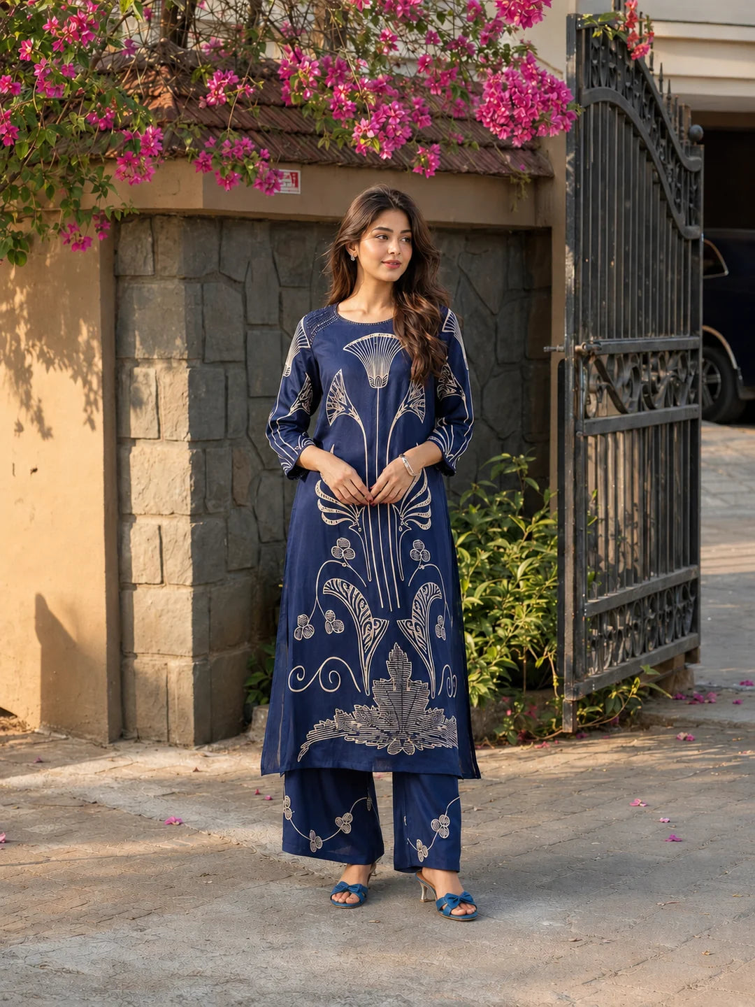 Navy Blue Botanical Beaded Co-ord Set in German Rayon