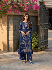 Navy Blue Botanical Beaded Co-ord Set in German Rayon
