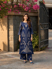Navy Blue Botanical Beaded Co-ord Set in German Rayon
