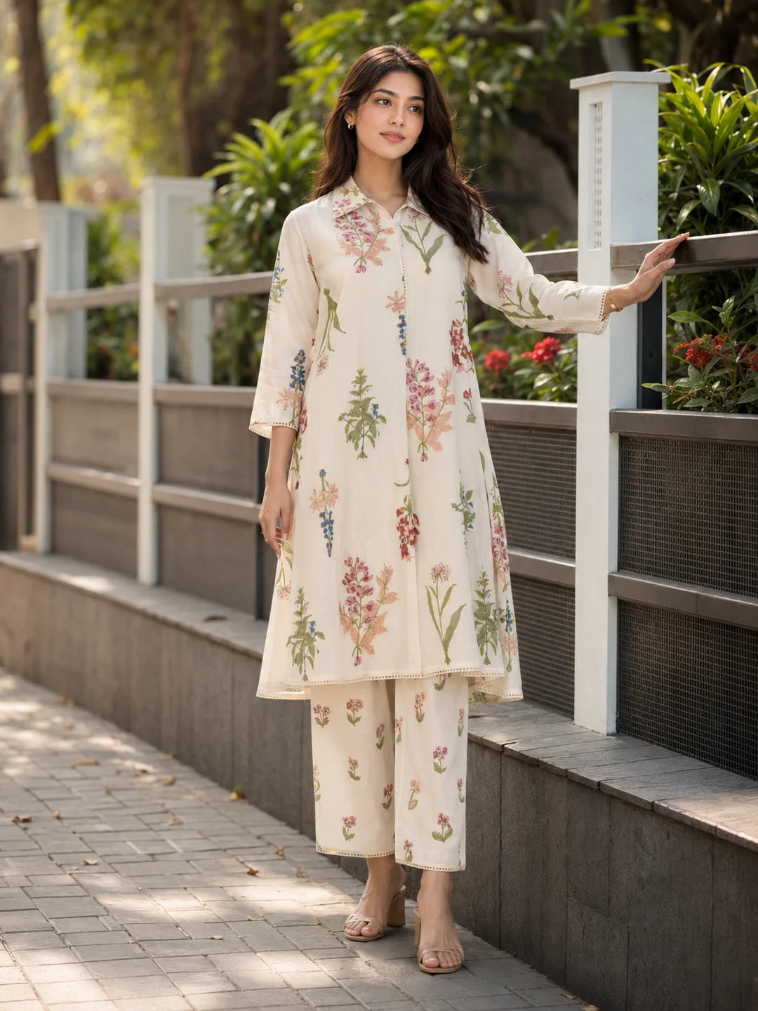 Ivory Floral Printed Kurta Set in Cotton Voile