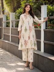 Ivory Floral Printed Kurta Set in Cotton Voile