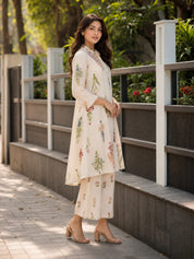 Ivory Floral Printed Kurta Set in Cotton Voile