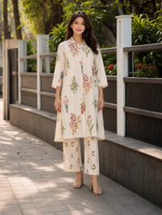 Ivory Floral Printed Kurta Set in Cotton Voile