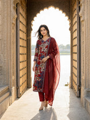 Red Cotton Floral Printed Embroidered Ethnic Set With Dupatta