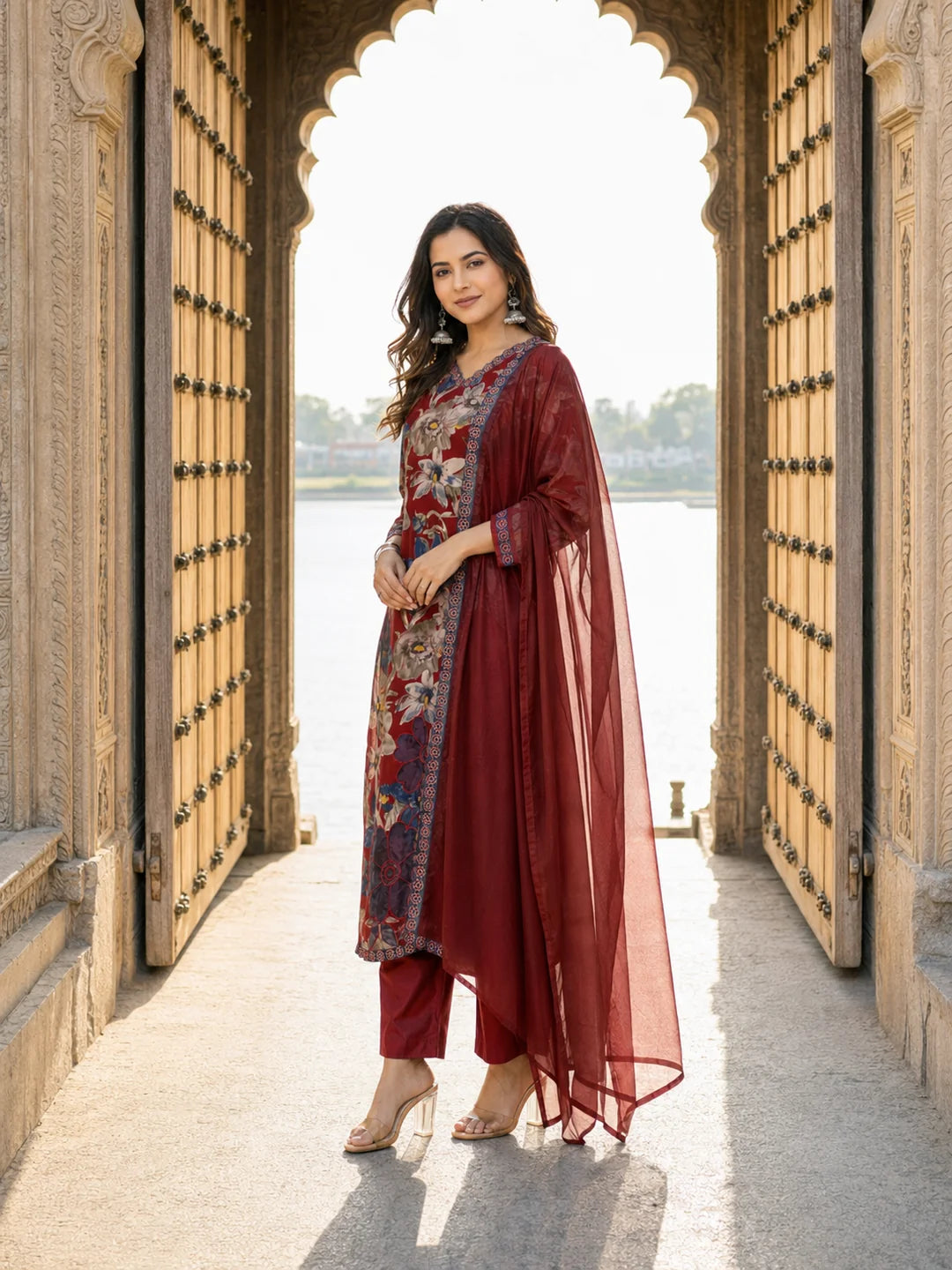Red Cotton Floral Printed Embroidered Ethnic Set With Dupatta