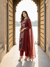Red Cotton Floral Printed Embroidered Ethnic Set With Dupatta