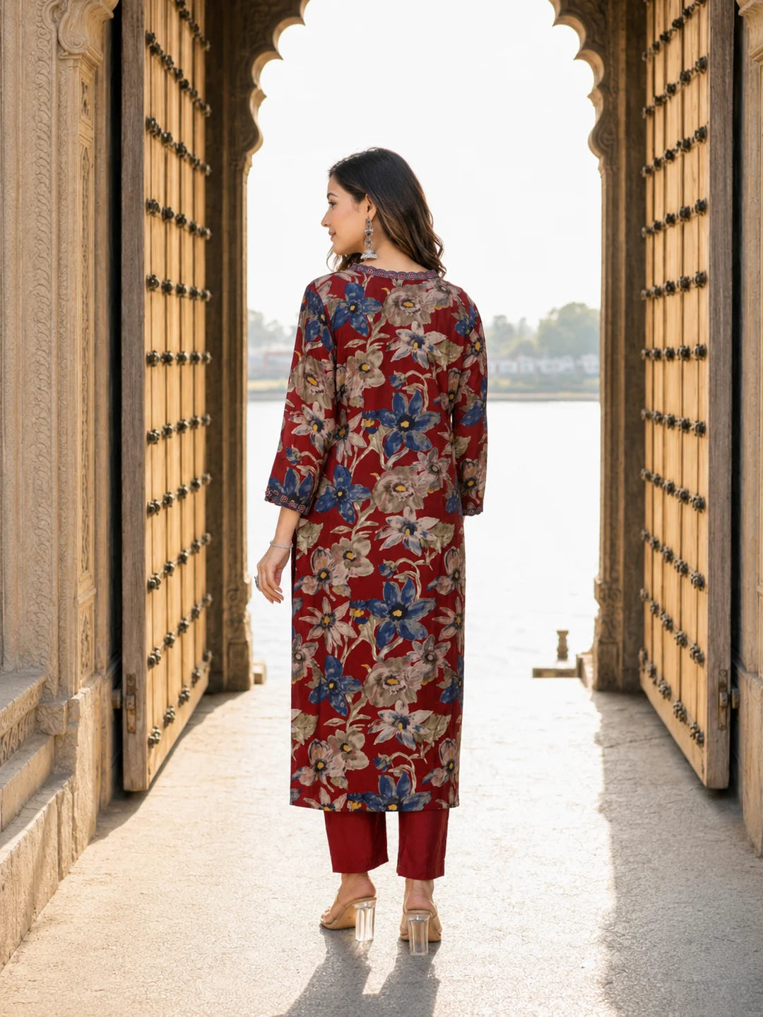 Red Cotton Floral Printed Embroidered Ethnic Set With Dupatta