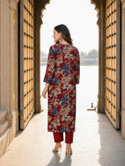 Red Cotton Floral Printed Embroidered Ethnic Set With Dupatta