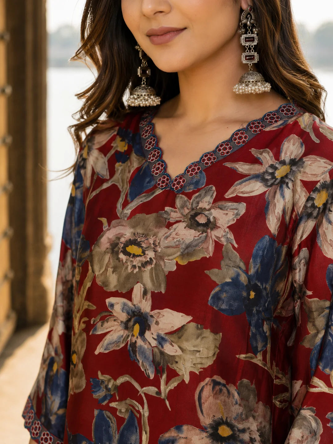 Red Cotton Floral Printed Embroidered Ethnic Set With Dupatta