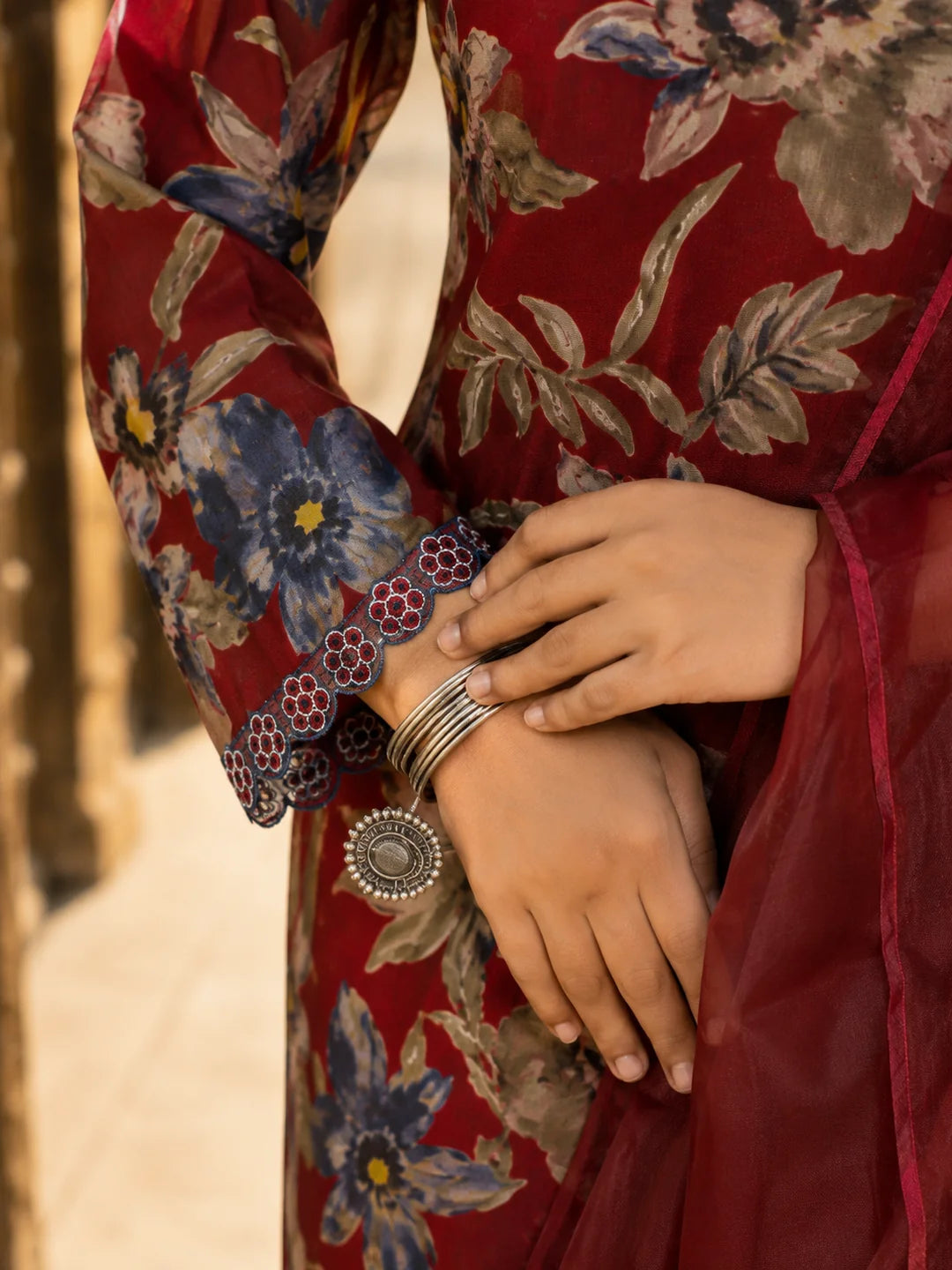 Red Cotton Floral Printed Embroidered Ethnic Set With Dupatta