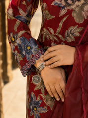 Red Cotton Floral Printed Embroidered Ethnic Set With Dupatta