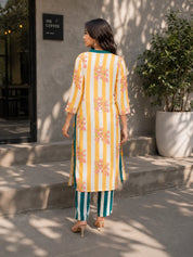 Yellow Stripe Bold Floral Printed Muslin Kurta Set