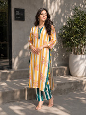 Yellow Stripe Bold Floral Printed Muslin Kurta Set