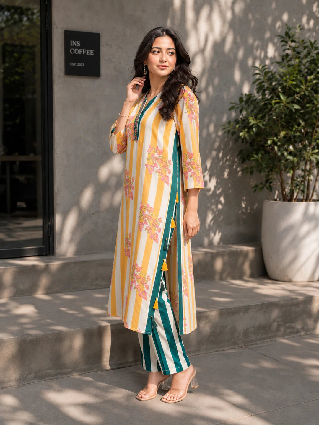 Yellow Stripe Bold Floral Printed Muslin Kurta Set