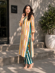 Yellow Stripe Bold Floral Printed Muslin Kurta Set