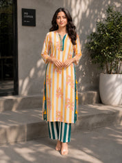 Yellow Stripe Bold Floral Printed Muslin Kurta Set