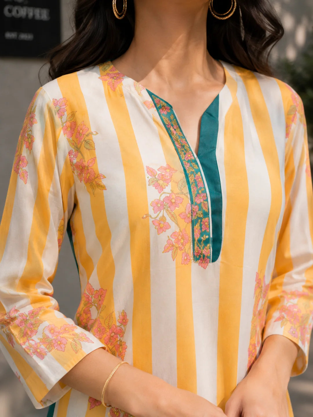 Yellow Stripe Bold Floral Printed Muslin Kurta Set