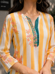 Yellow Stripe Bold Floral Printed Muslin Kurta Set
